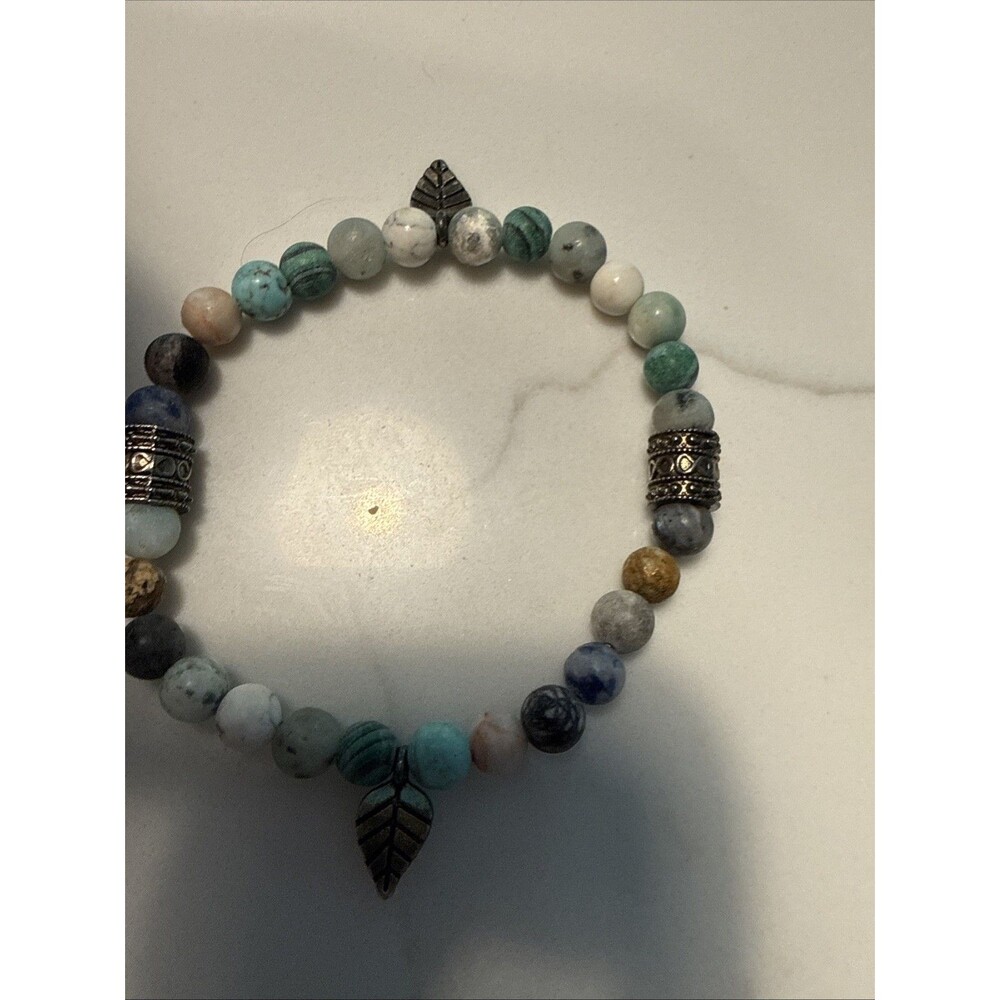 Multicolor Natural Stone Beaded Stretch Bracelet With Leaf Charms